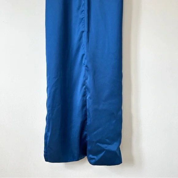 Mac Duggal Silky Pleated Maxi Dress Puff Sleeve Draped Slit Wedding Guest - Picture 9 of 12